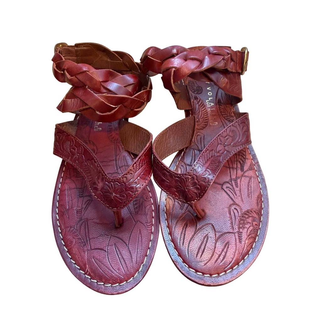 Very Volatile Red Tooled Leather Braided Ankle Strap Thong Sandals Womens Size 7